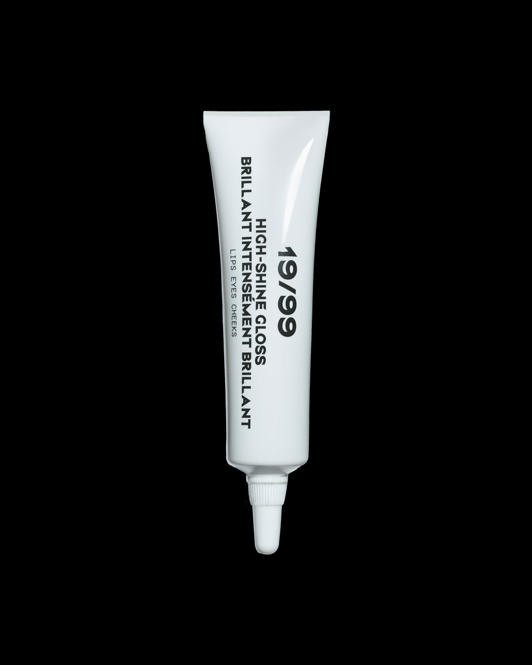 High-Shine Gloss tube, white tube with black text reading '19/99 High-Shine Gloss. Lips, Eyes Cheeks'
