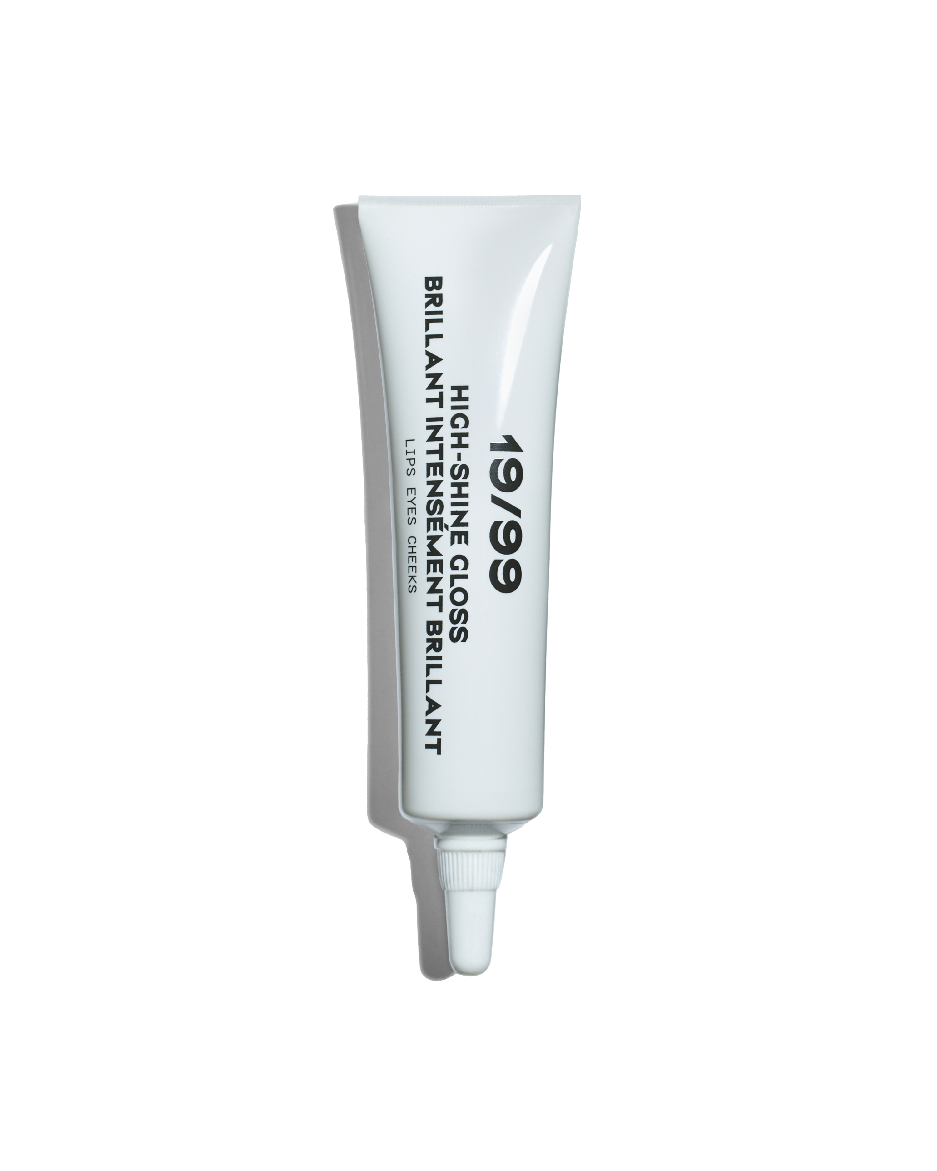 High-Shine Gloss tube, white tube with black text reading '19/99 High-Shine Gloss. Lips, Eyes Cheeks'